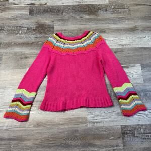 Vintage Y2K Relais Pink Rainbow Knit Sweater Crochet Yoke Bell Sleeve Boho Large